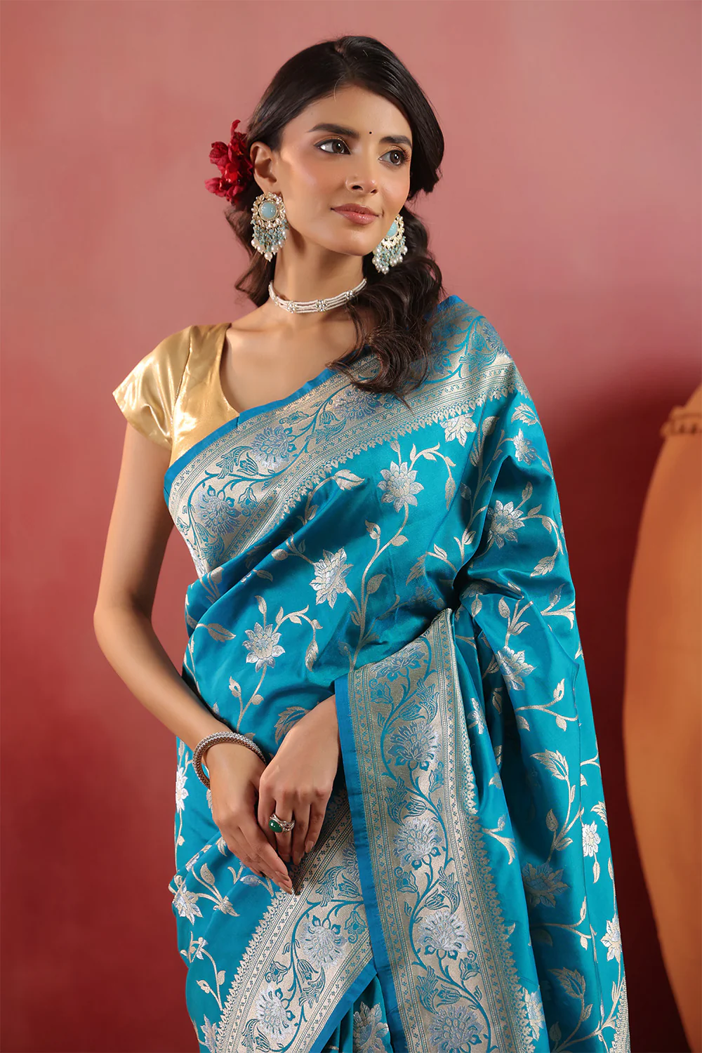 Teal Blue Banarasi Silk Woven Saree - Image 4