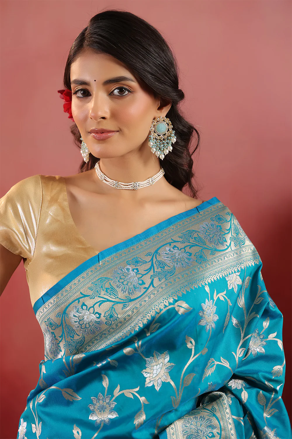 Teal Blue Banarasi Silk Woven Saree - Image 5