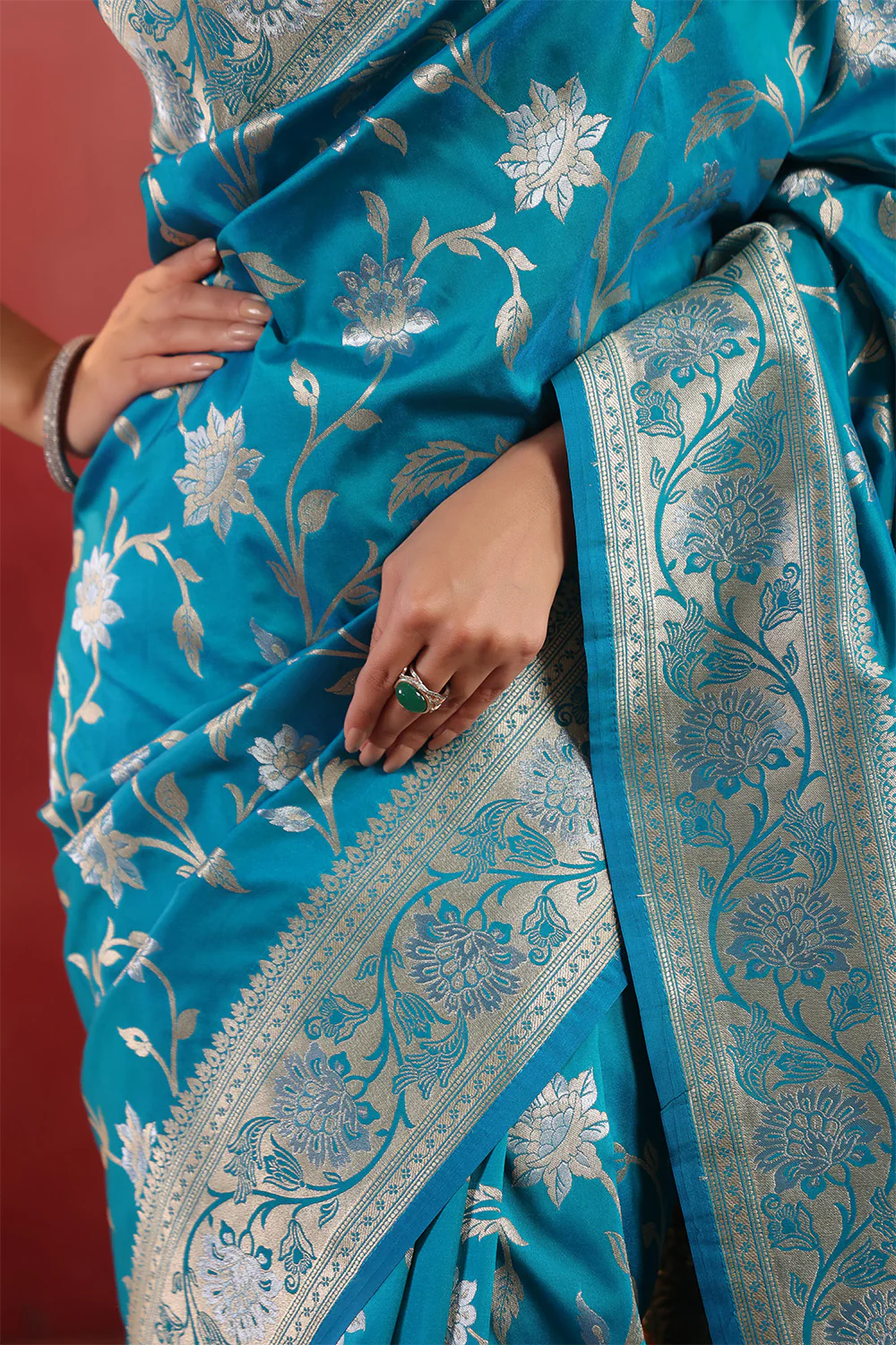 Teal Blue Banarasi Silk Woven Saree - Image 6