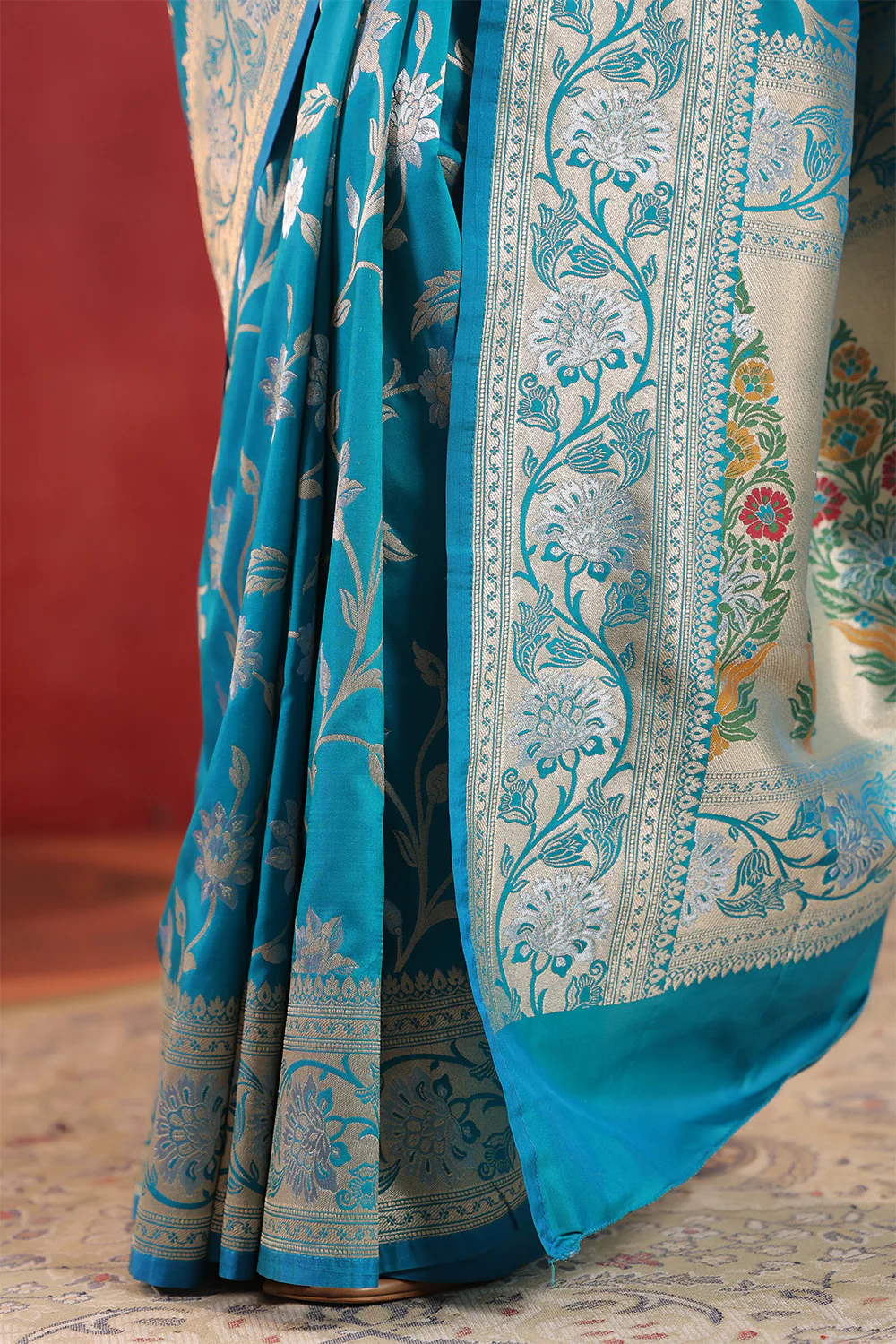 Teal Blue Banarasi Silk Woven Saree - Image 7