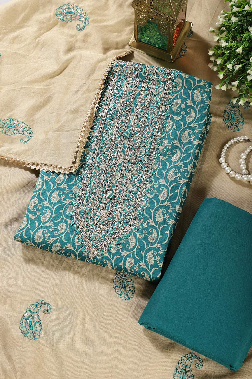 Teal Blue Cotton Digital Buta-Printed & Neck Embroidered Unstitched Suit - Image 2