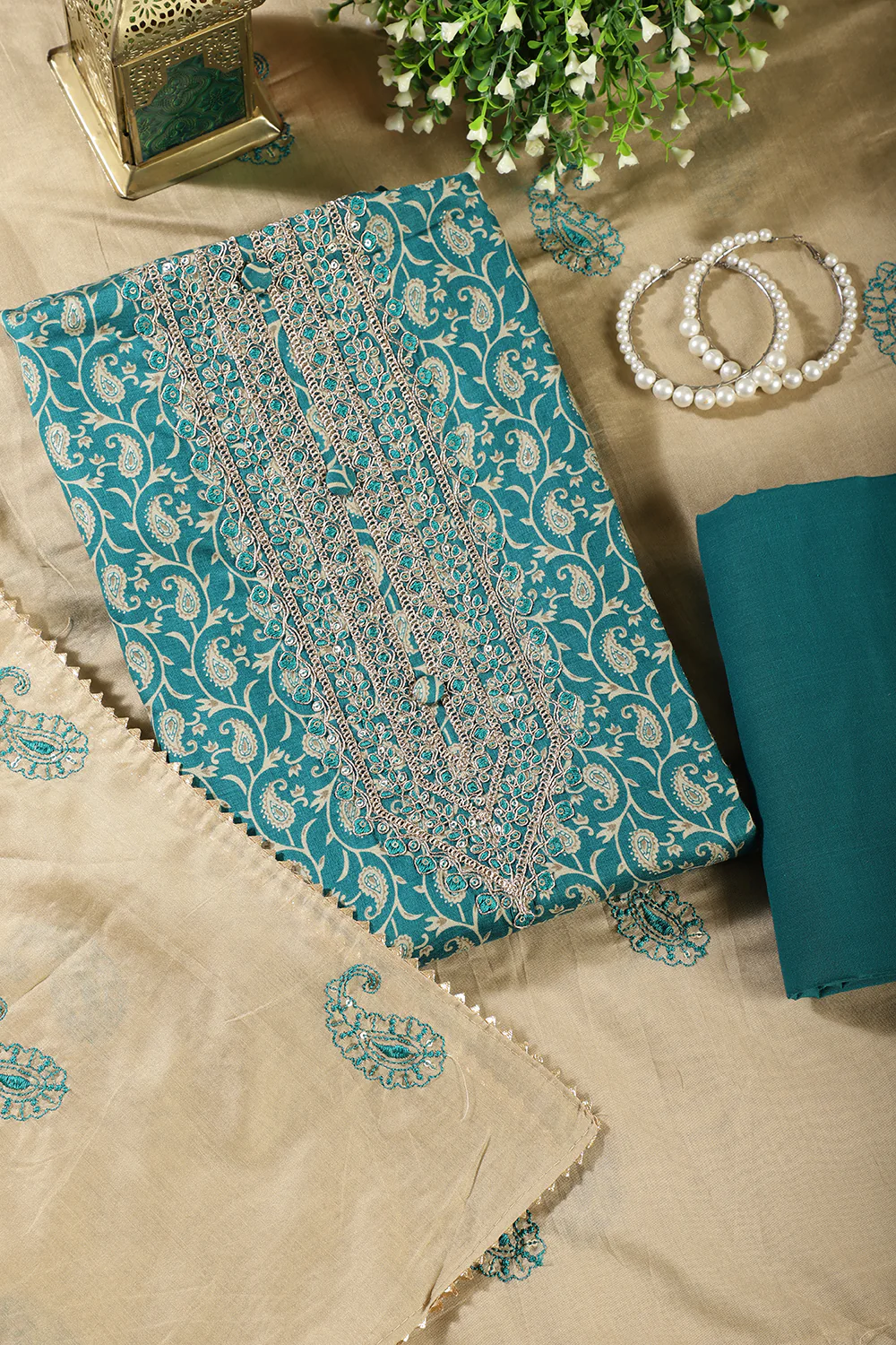 Teal Blue Cotton Digital Buta-Printed & Neck Embroidered Unstitched Suit - Image 3