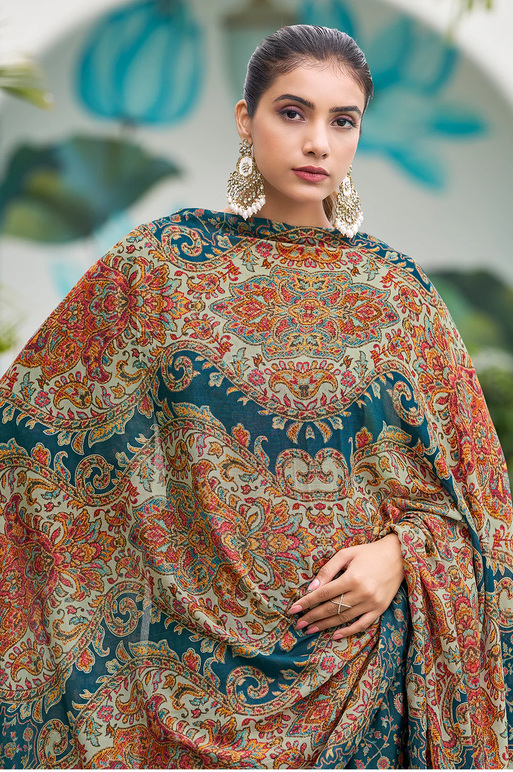 Teal Blue Muslin Floral Printed Unstitched Suit Material - Image 5