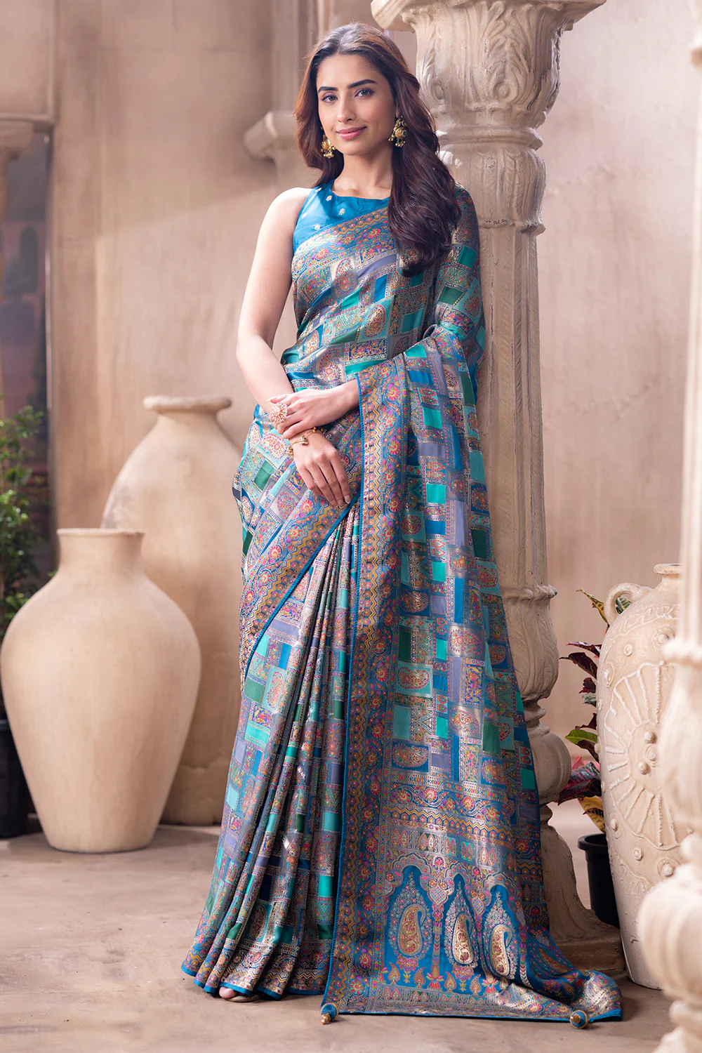 Teal Blue Position Print Woven Silk Saree - Image 7