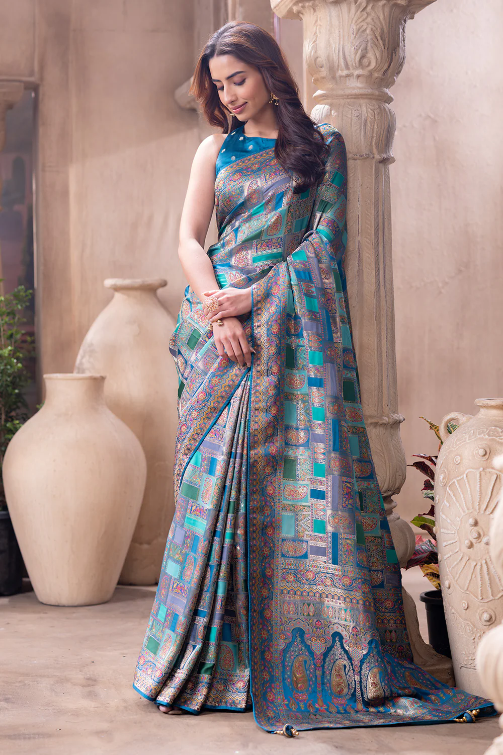 Teal Blue Position Print Woven Silk Saree - Image 8
