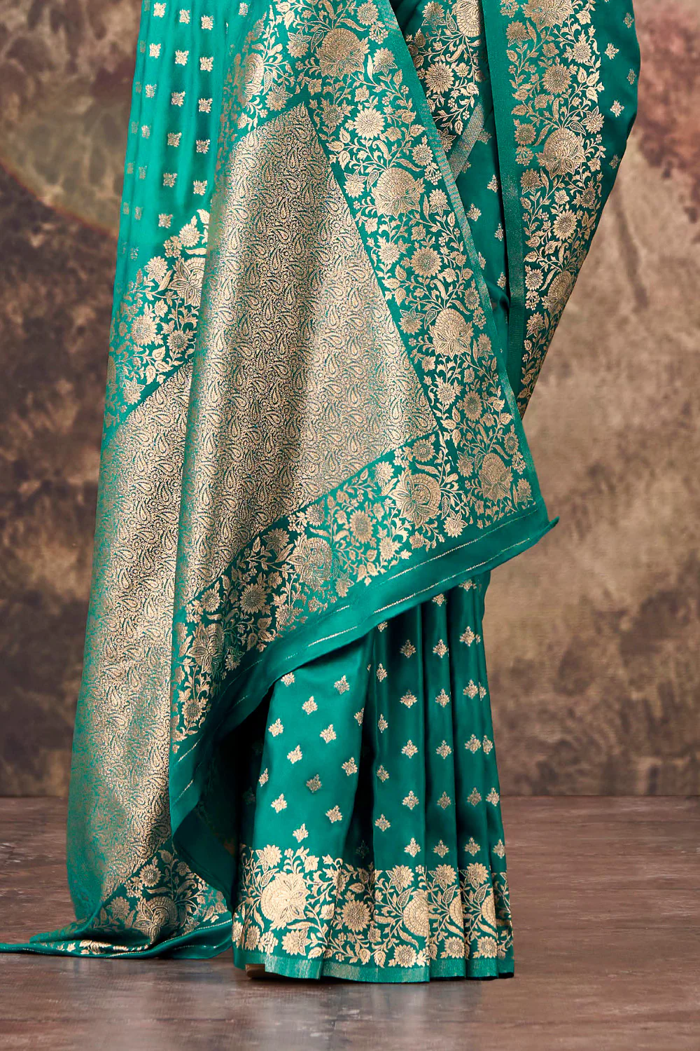 Teal Charmeuse Silk Zari Woven Saree - Image 3
