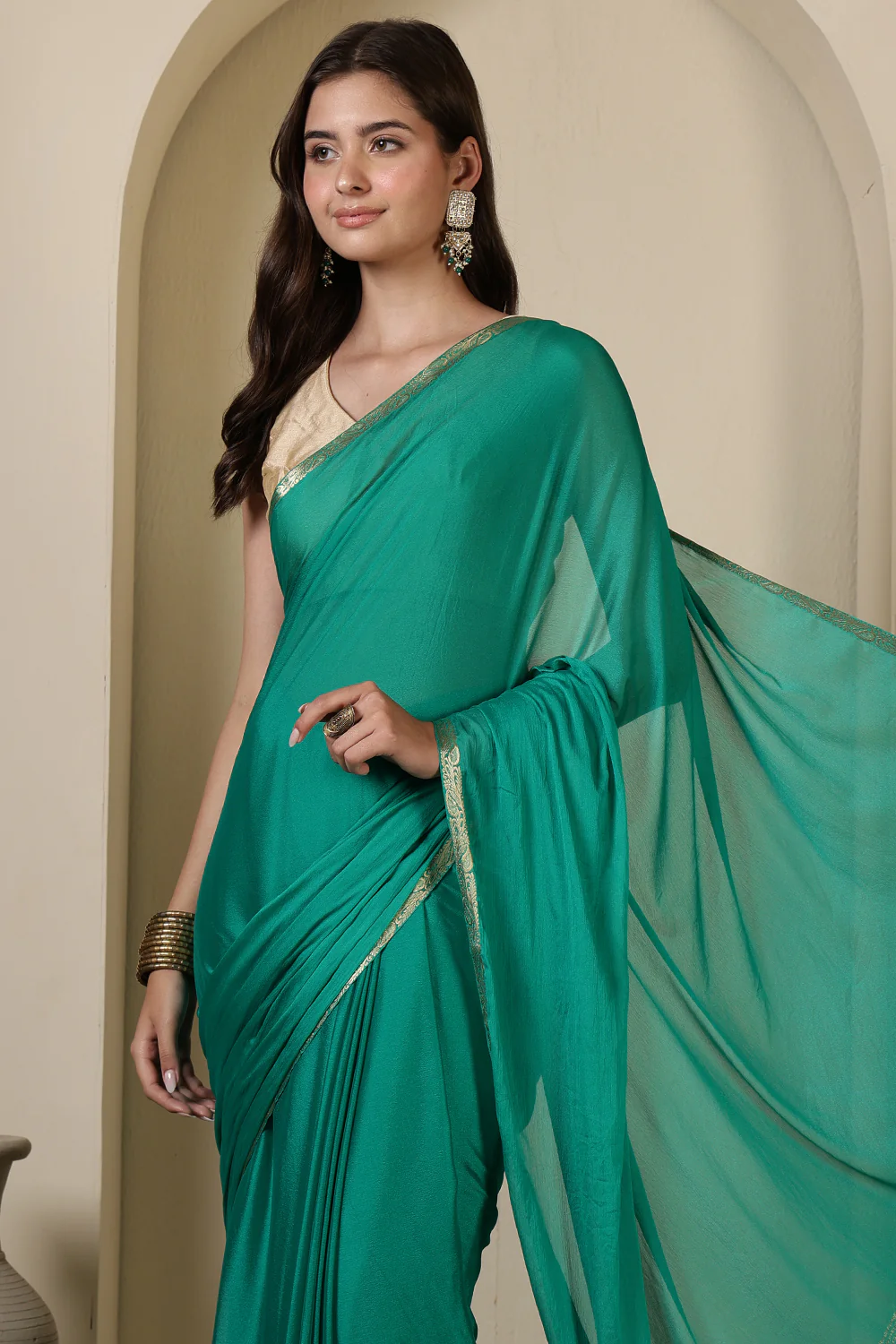 Teal Chiffon Zari Border Saree - Image 6