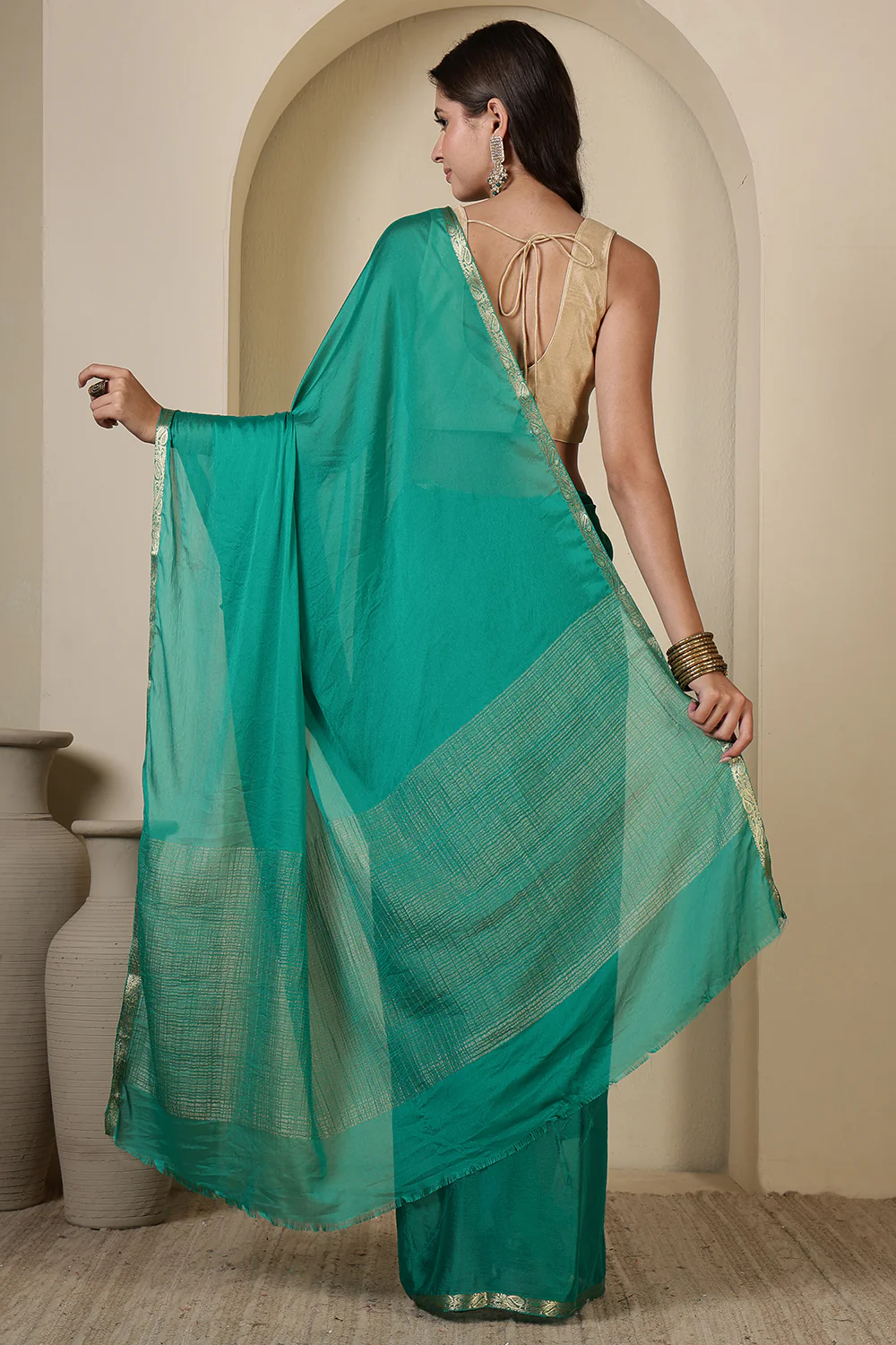 Teal Chiffon Zari Border Saree - Image 7