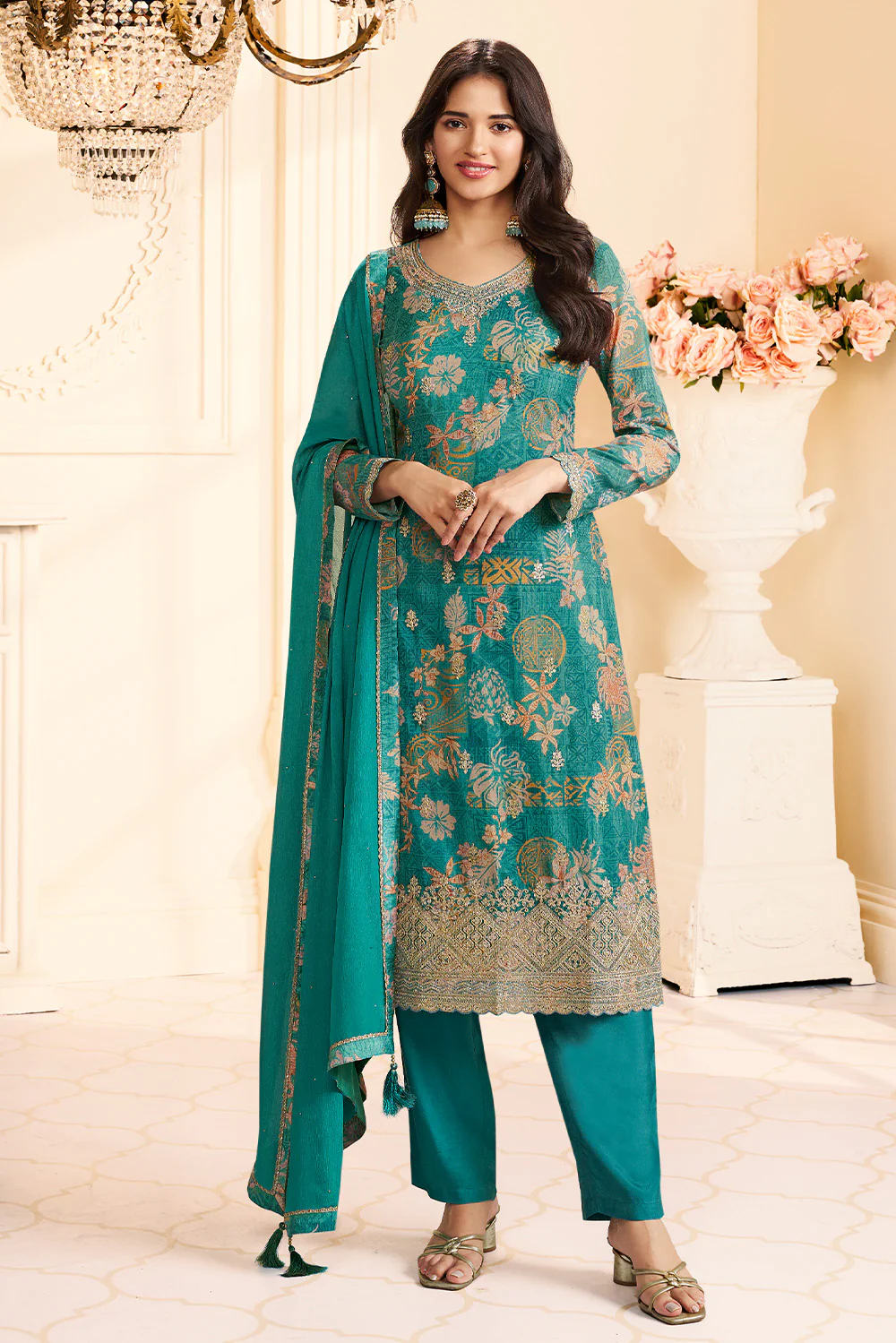 Teal Chinone Silk Floral Printed And Embroidered Unstitched Suit Fabric