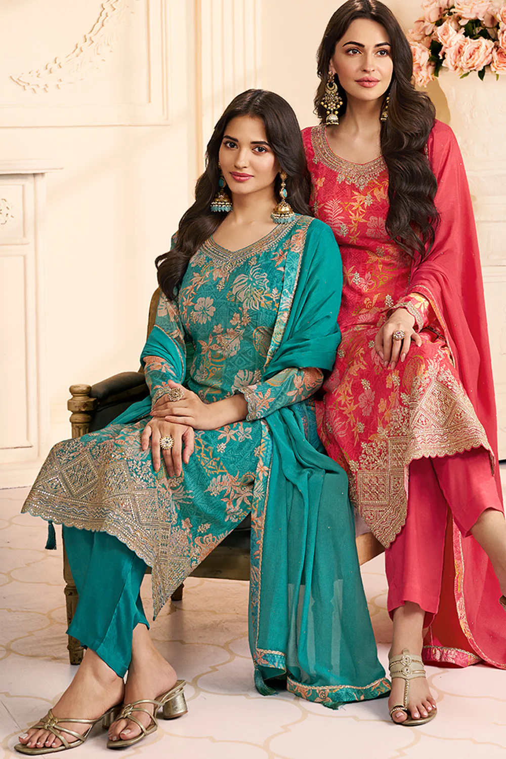 Teal Chinone Silk Floral Printed And Embroidered Unstitched Suit Fabric - Image 2