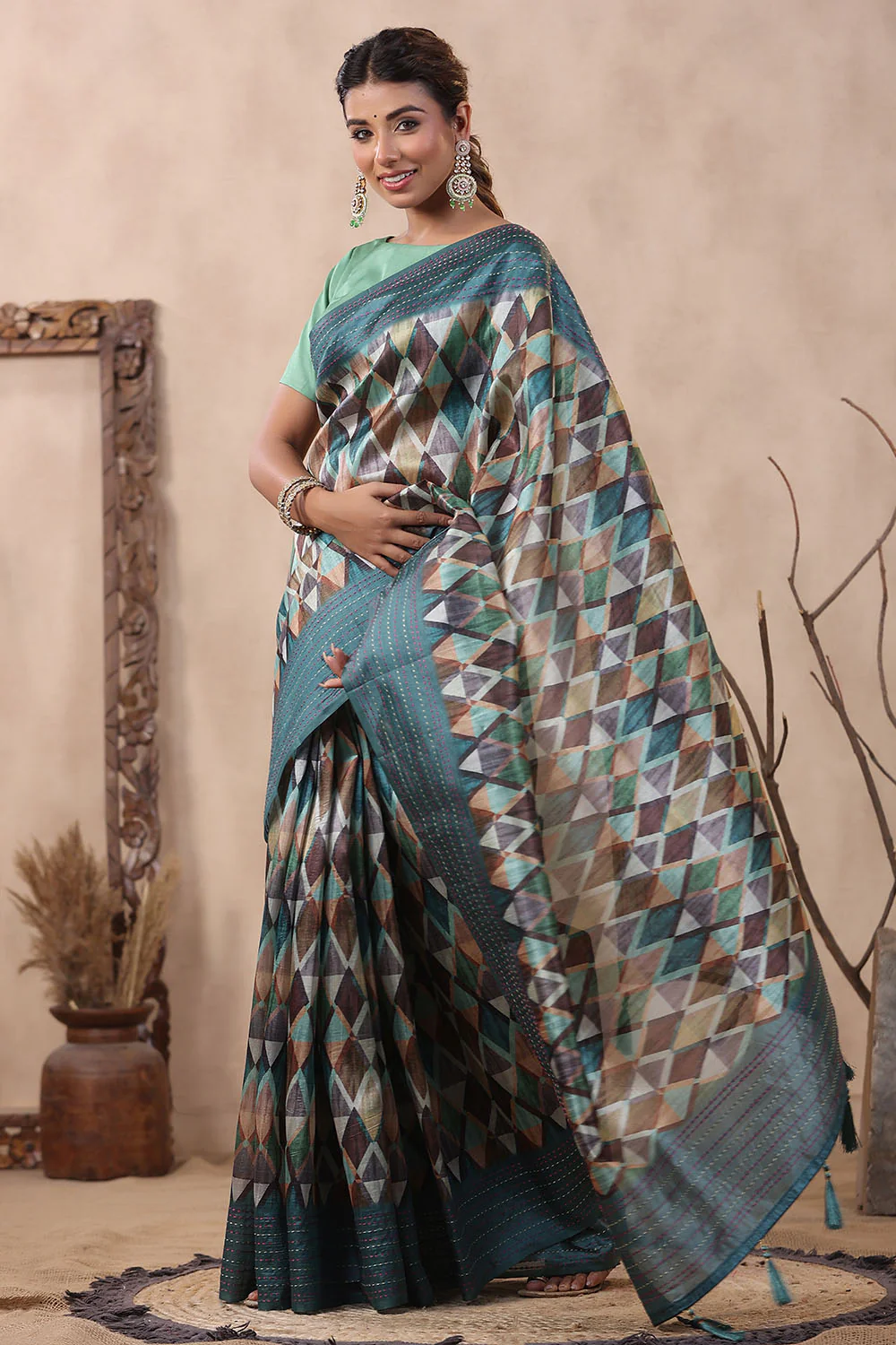 Teal Color Tussar Cotton Printed Saree - Image 3