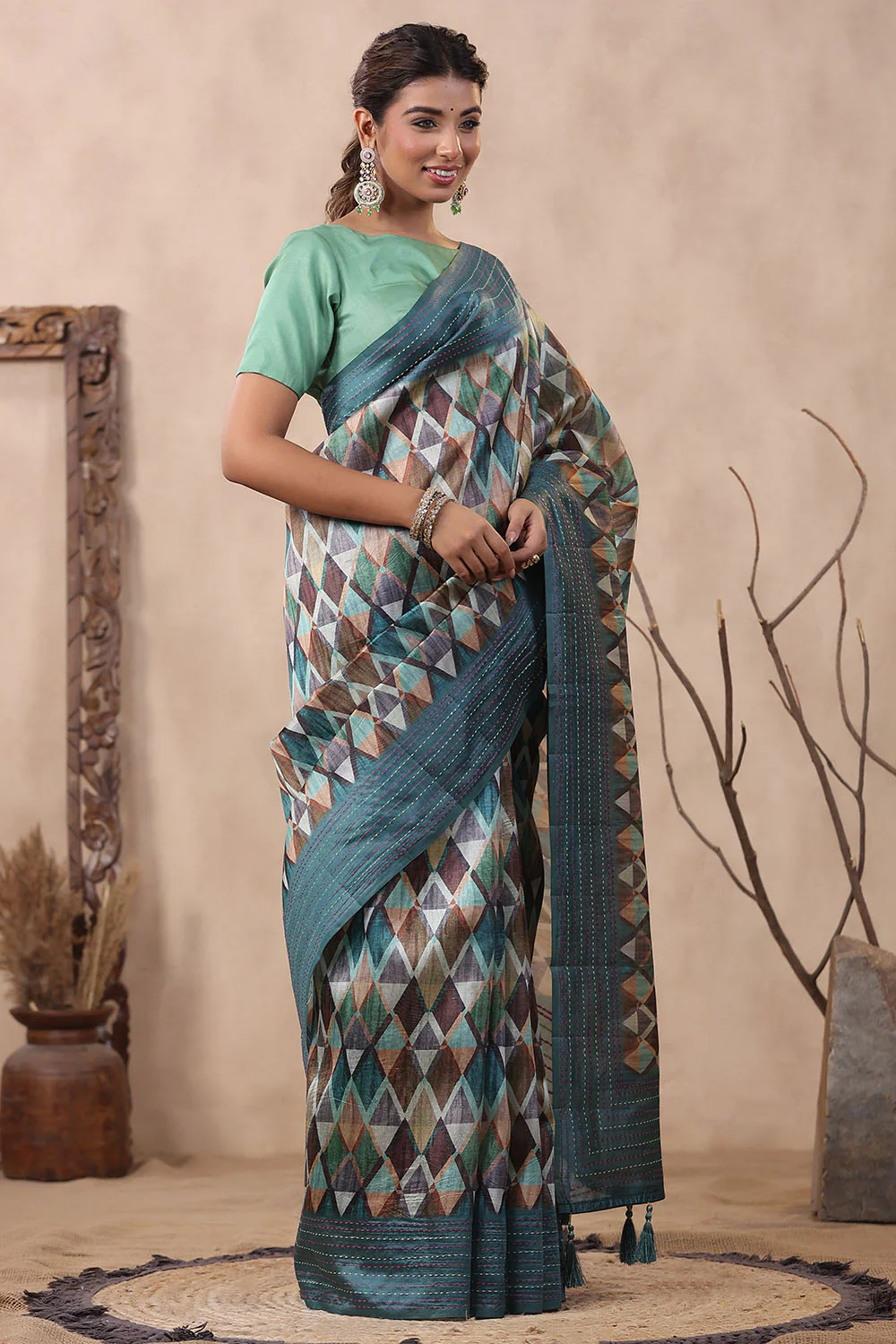 Teal Color Tussar Cotton Printed Saree - Image 4