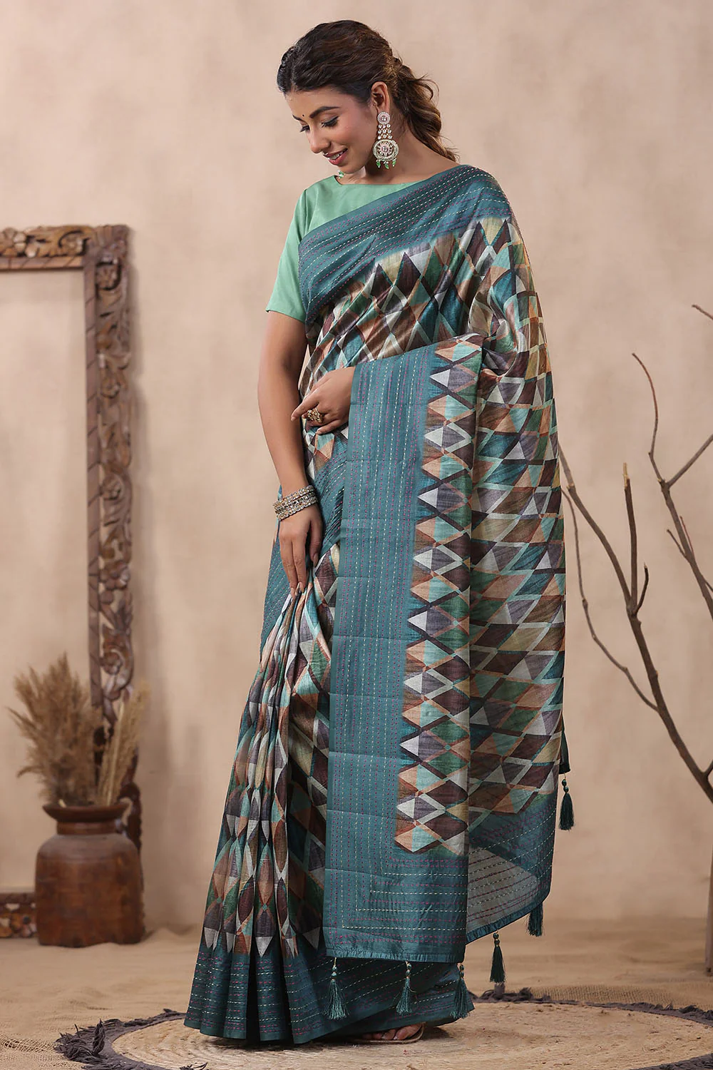 Teal Color Tussar Cotton Printed Saree - Image 5