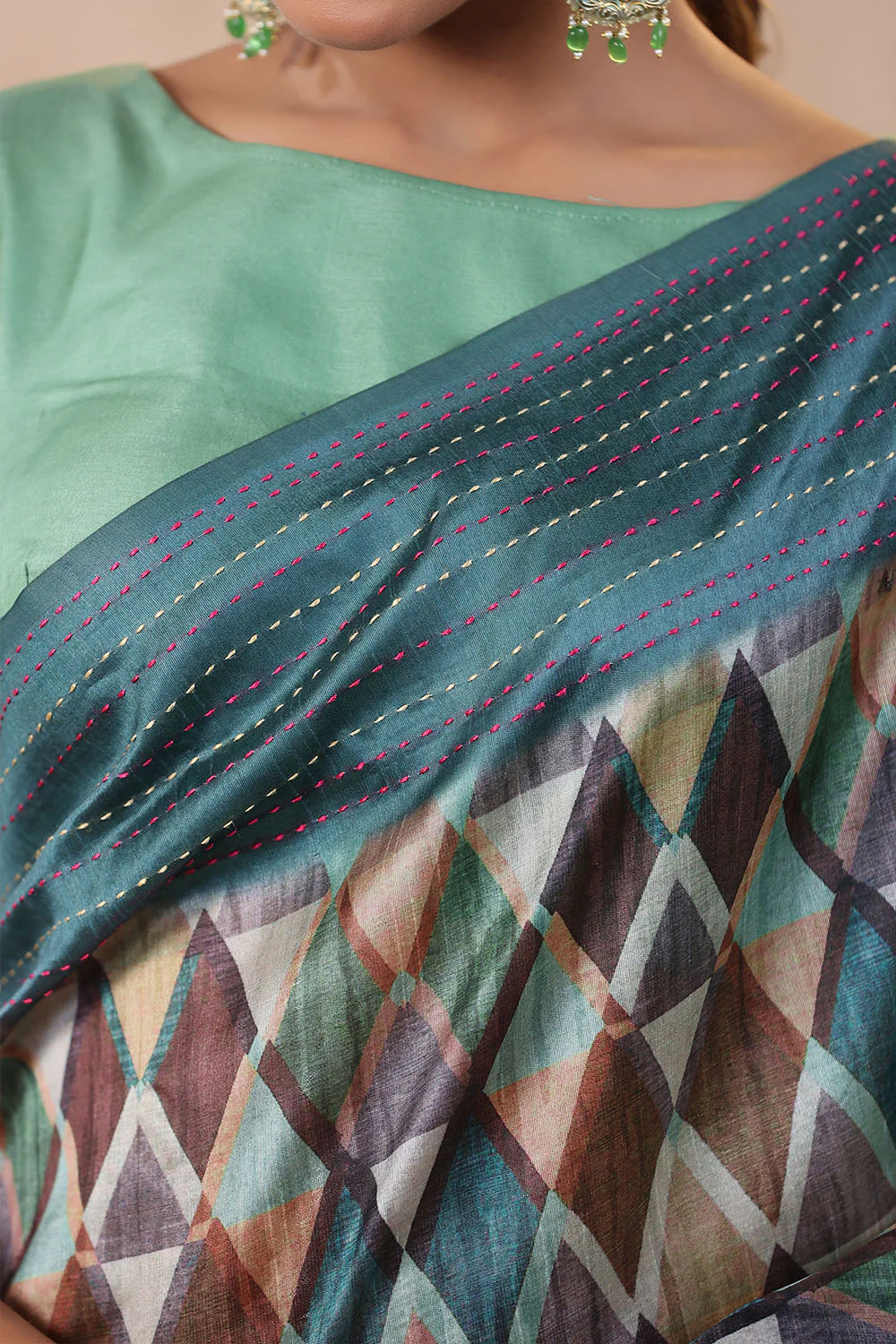 Teal Color Tussar Cotton Printed Saree - Image 7