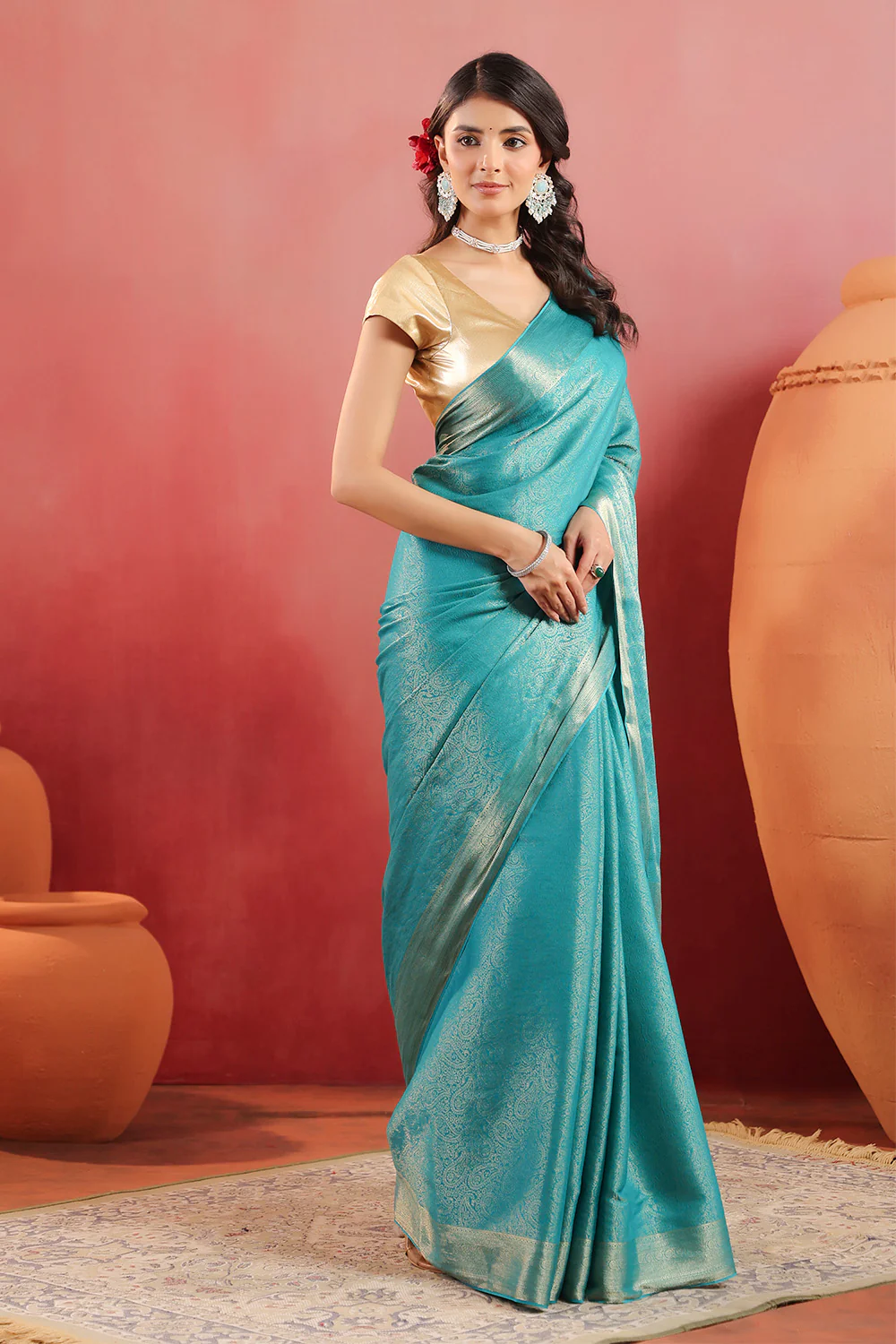 Teal Color Zari Woven Soft Silk Saree - Image 2
