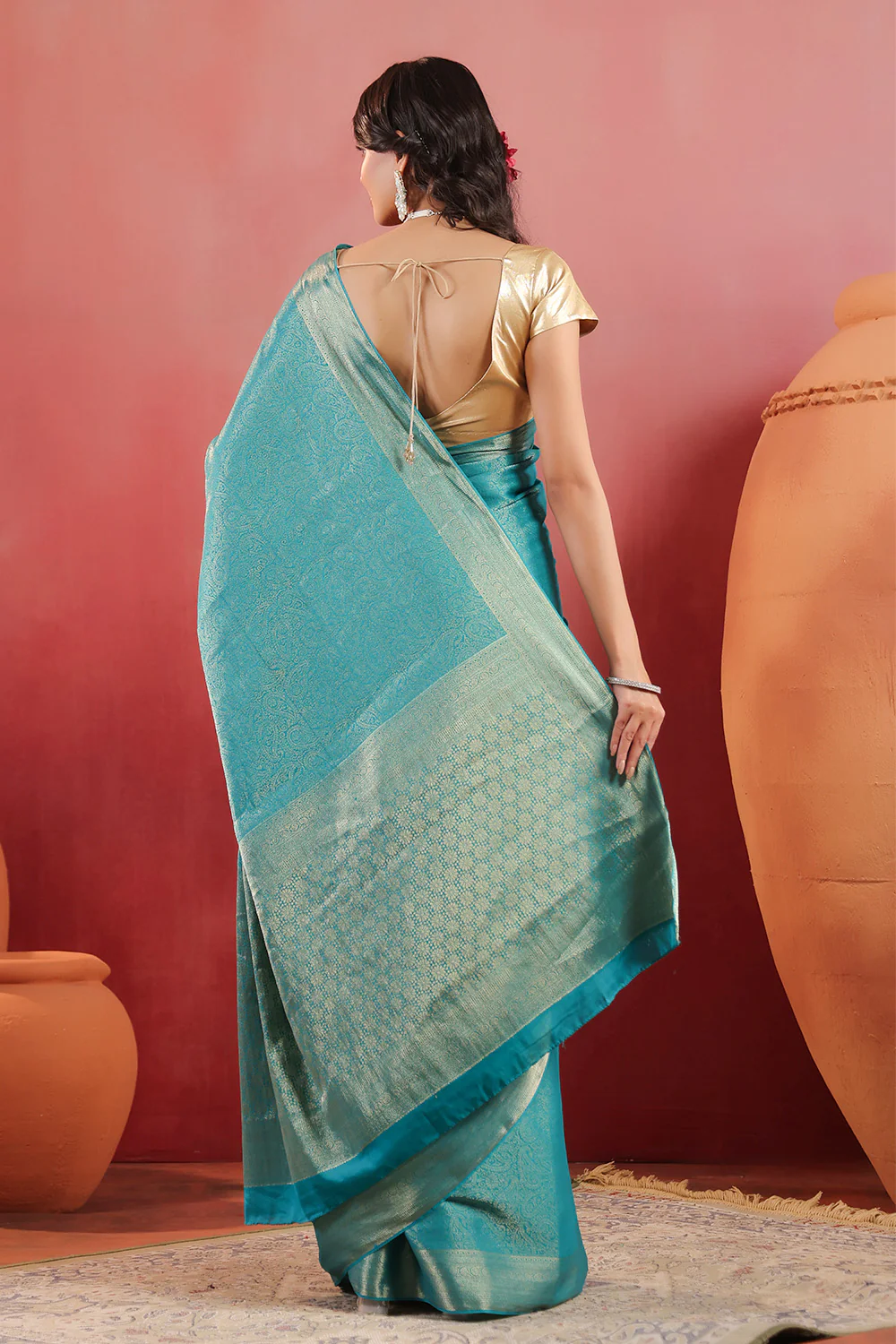 Teal Color Zari Woven Soft Silk Saree - Image 3
