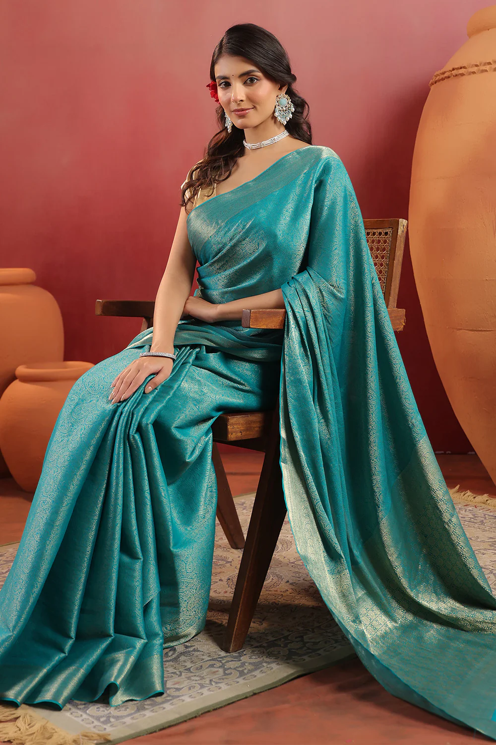 Teal Color Zari Woven Soft Silk Saree - Image 4