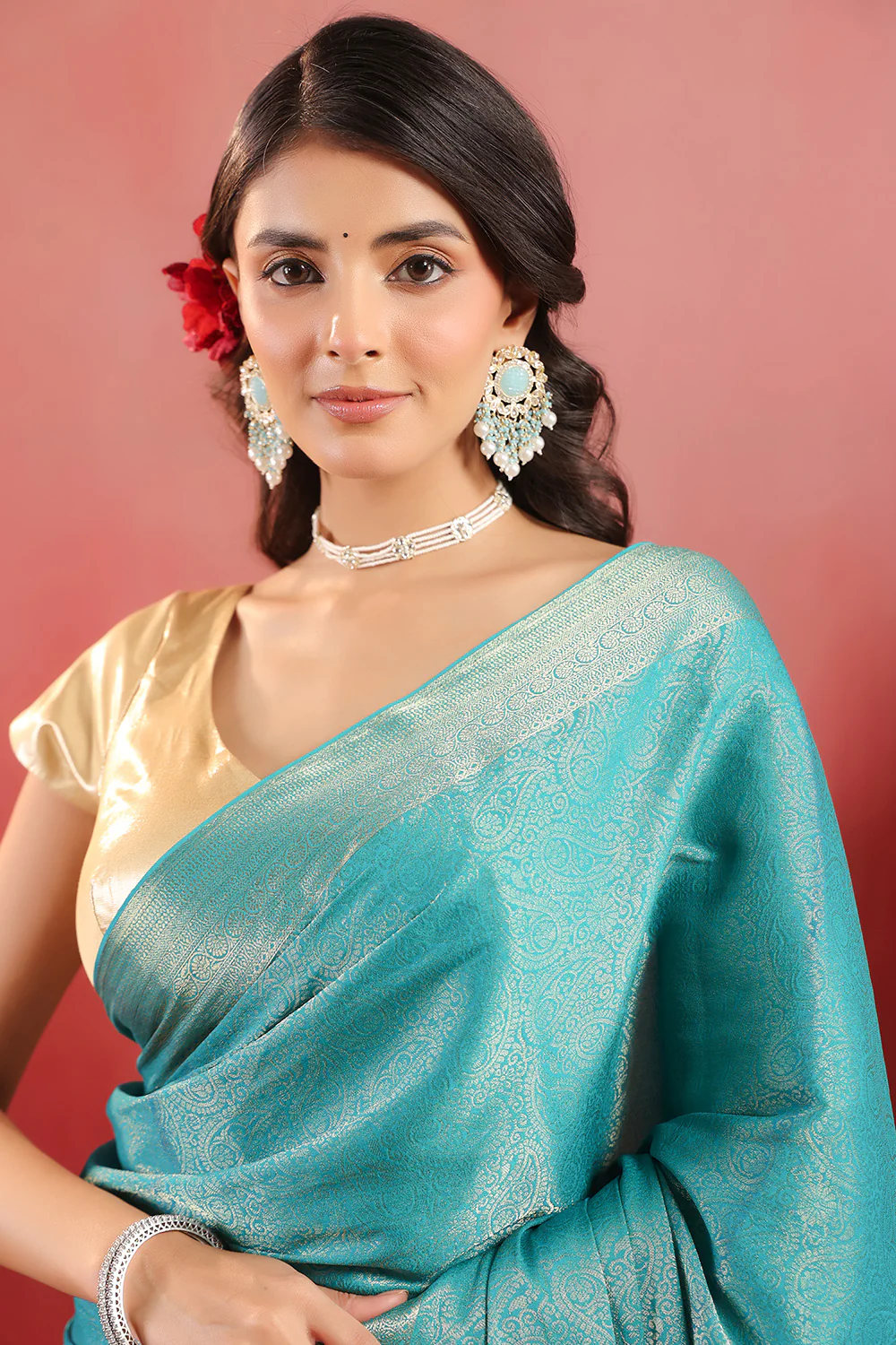 Teal Color Zari Woven Soft Silk Saree - Image 7