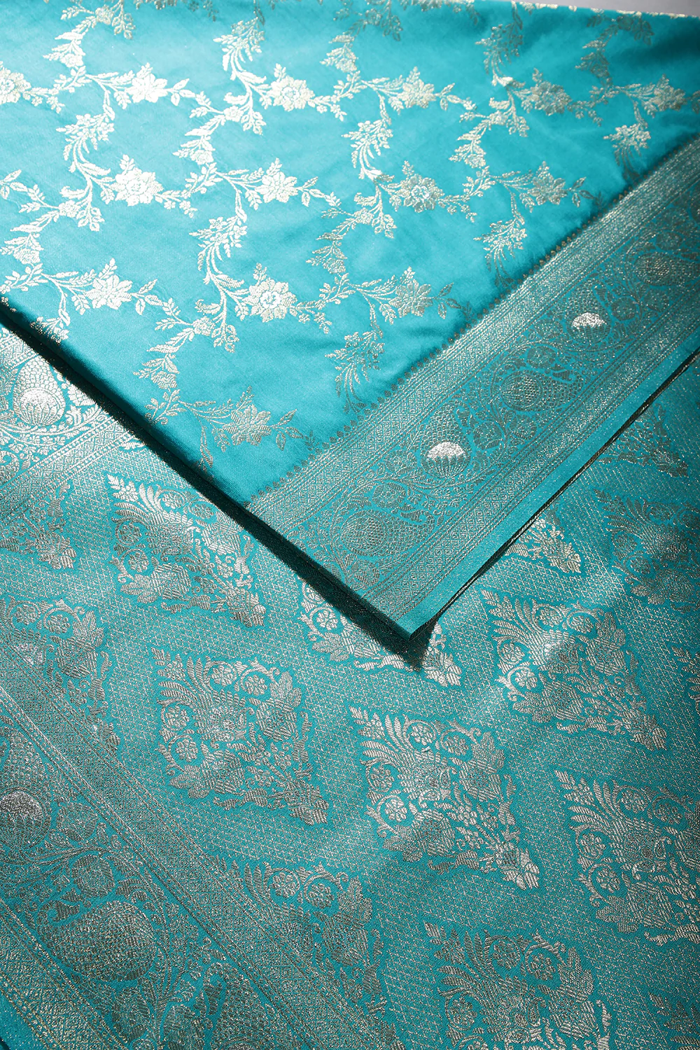 Teal Color Zari Woven South Silk Saree - Image 2