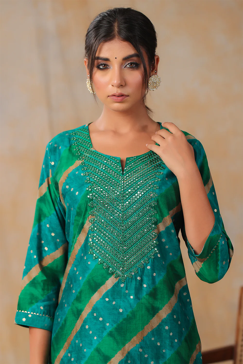 Teal Colour Cotton Mirror Work Kurti - Image 5