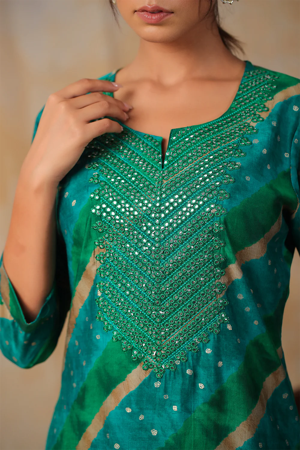 Teal Colour Cotton Mirror Work Kurti - Image 6