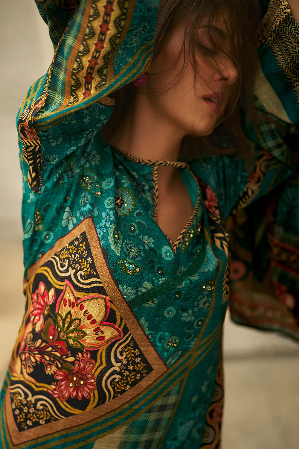 Teal Colour Printed Spun Fabric Unstitched Suit - Image 2