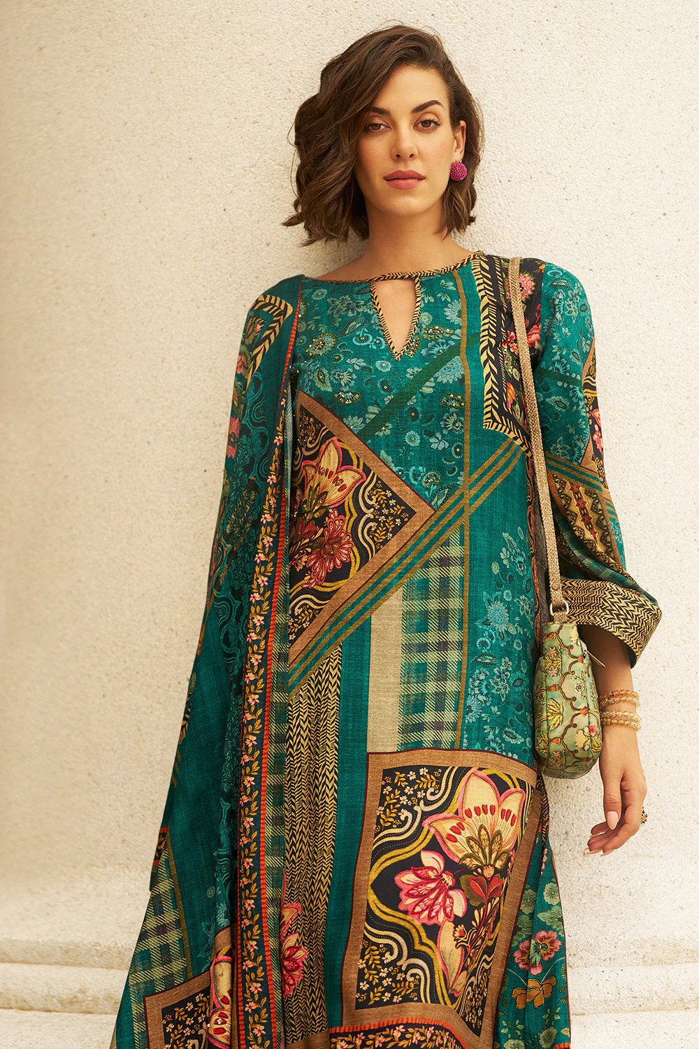 Teal Colour Printed Spun Fabric Unstitched Suit - Image 3