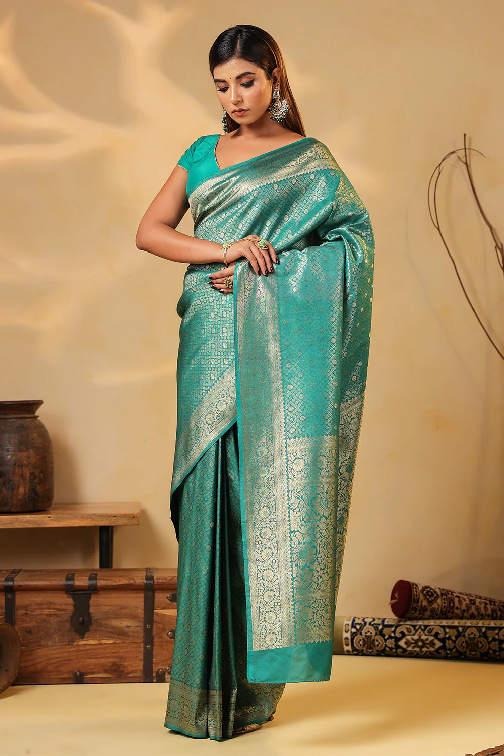 Teal Colour Silk Zari Woven Saree - Image 2