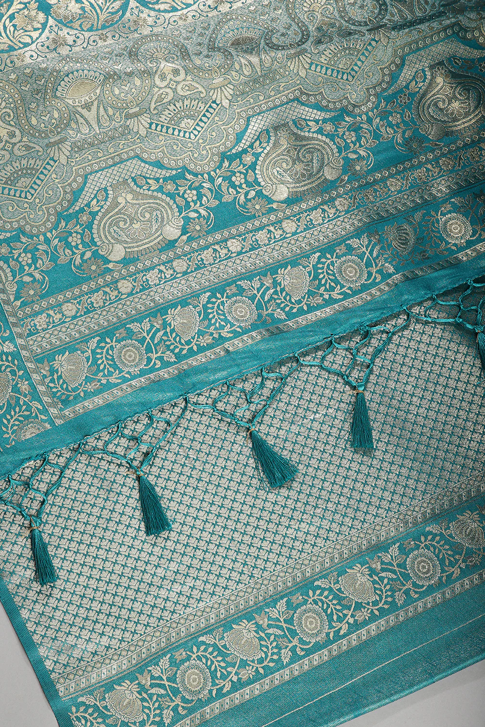 Teal Colour South Silk Heavy Woven Saree - Image 2