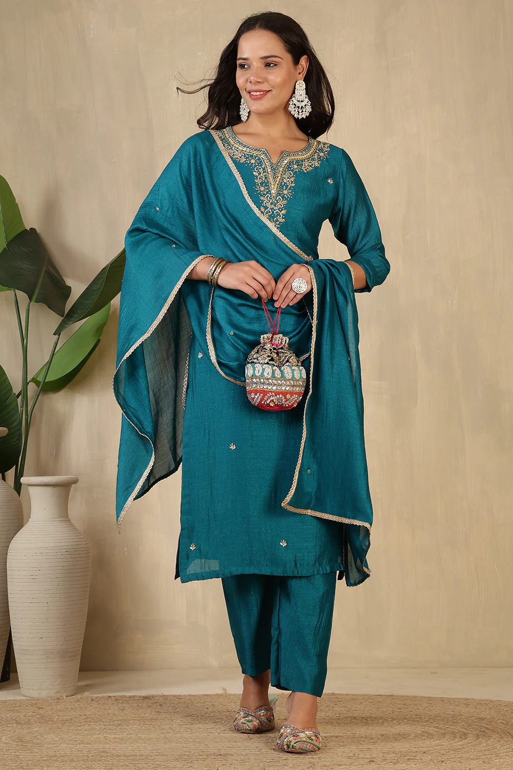 Teal Crepe Silk Neck Embroidered Suit - Image 4