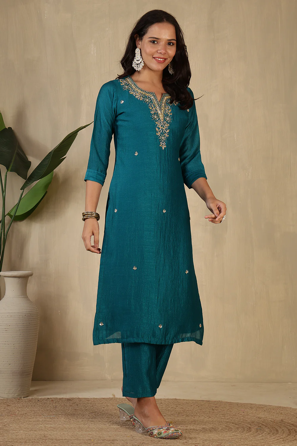 Teal Crepe Silk Neck Embroidered Suit - Image 5