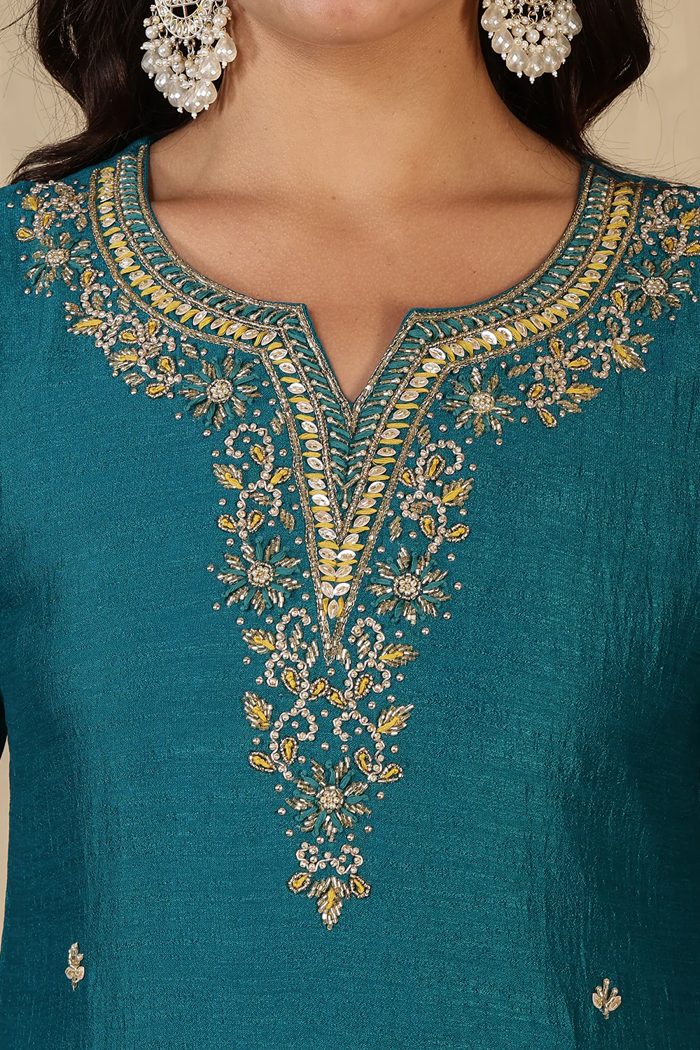 Teal Crepe Silk Neck Embroidered Suit - Image 6