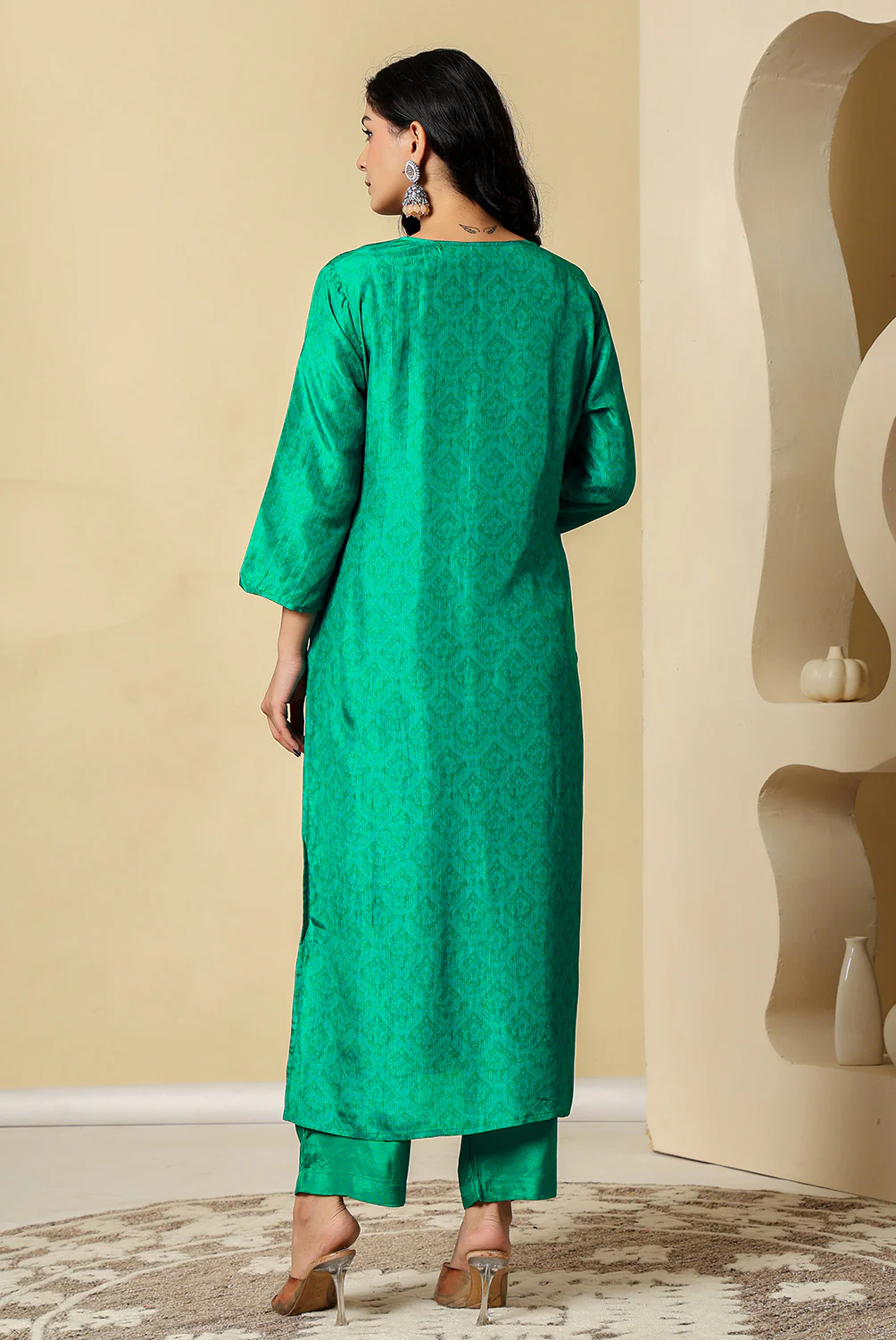Teal Crepe Silk Printed Suit - Image 3
