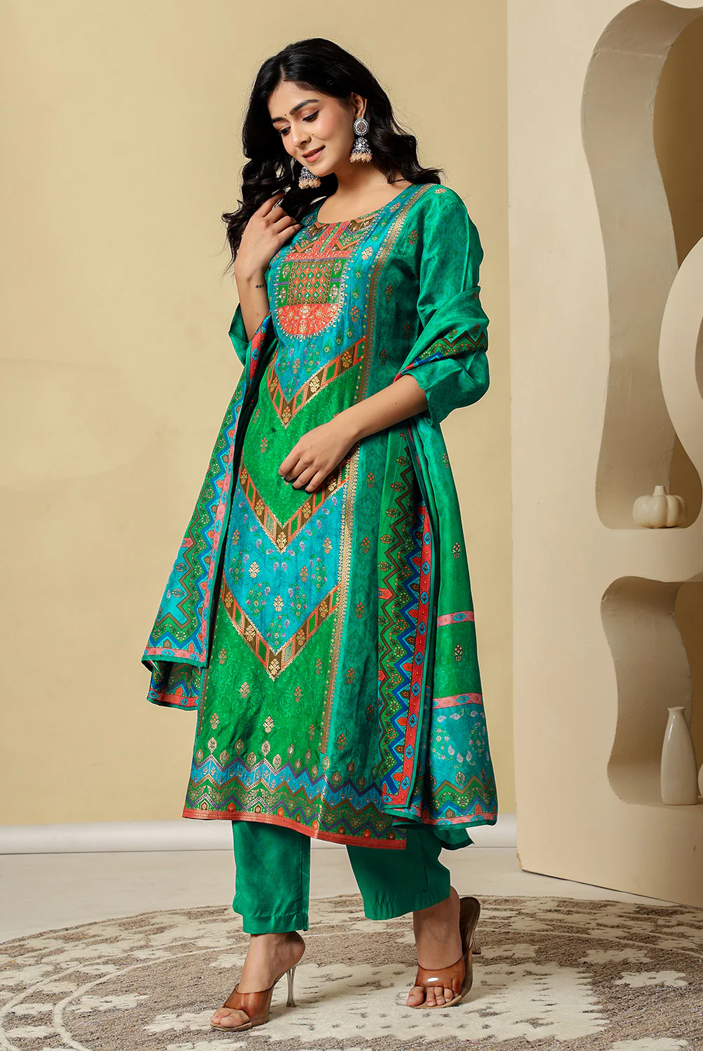 Teal Crepe Silk Printed Suit - Image 4