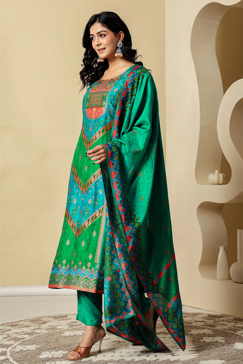 Teal Crepe Silk Printed Suit - Image 5