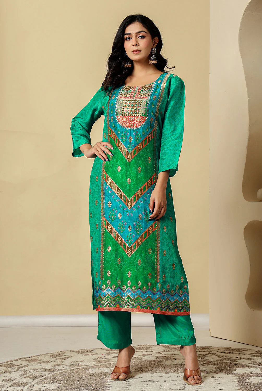 Teal Crepe Silk Printed Suit - Image 6
