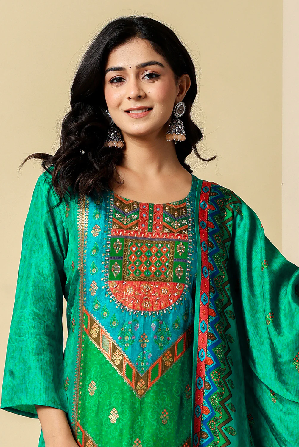 Teal Crepe Silk Printed Suit - Image 7