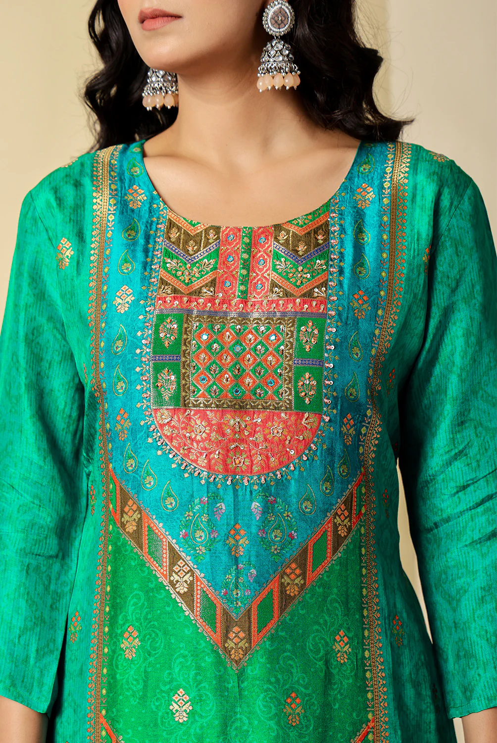 Teal Crepe Silk Printed Suit - Image 8