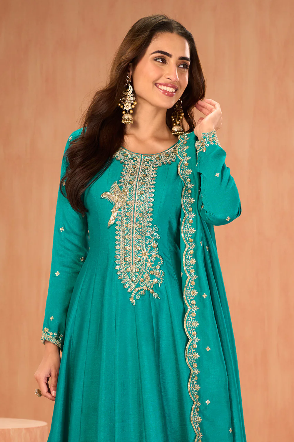 Teal Crepe Silk Zari and Sequins Embroidered Anarkali Suit - Image 2