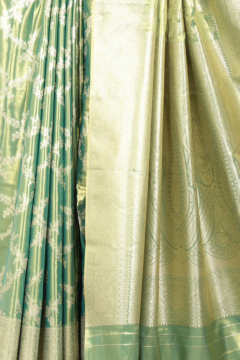 Teal & Gold Dual Toned Silk Woven Banarsi Saree - Image 2