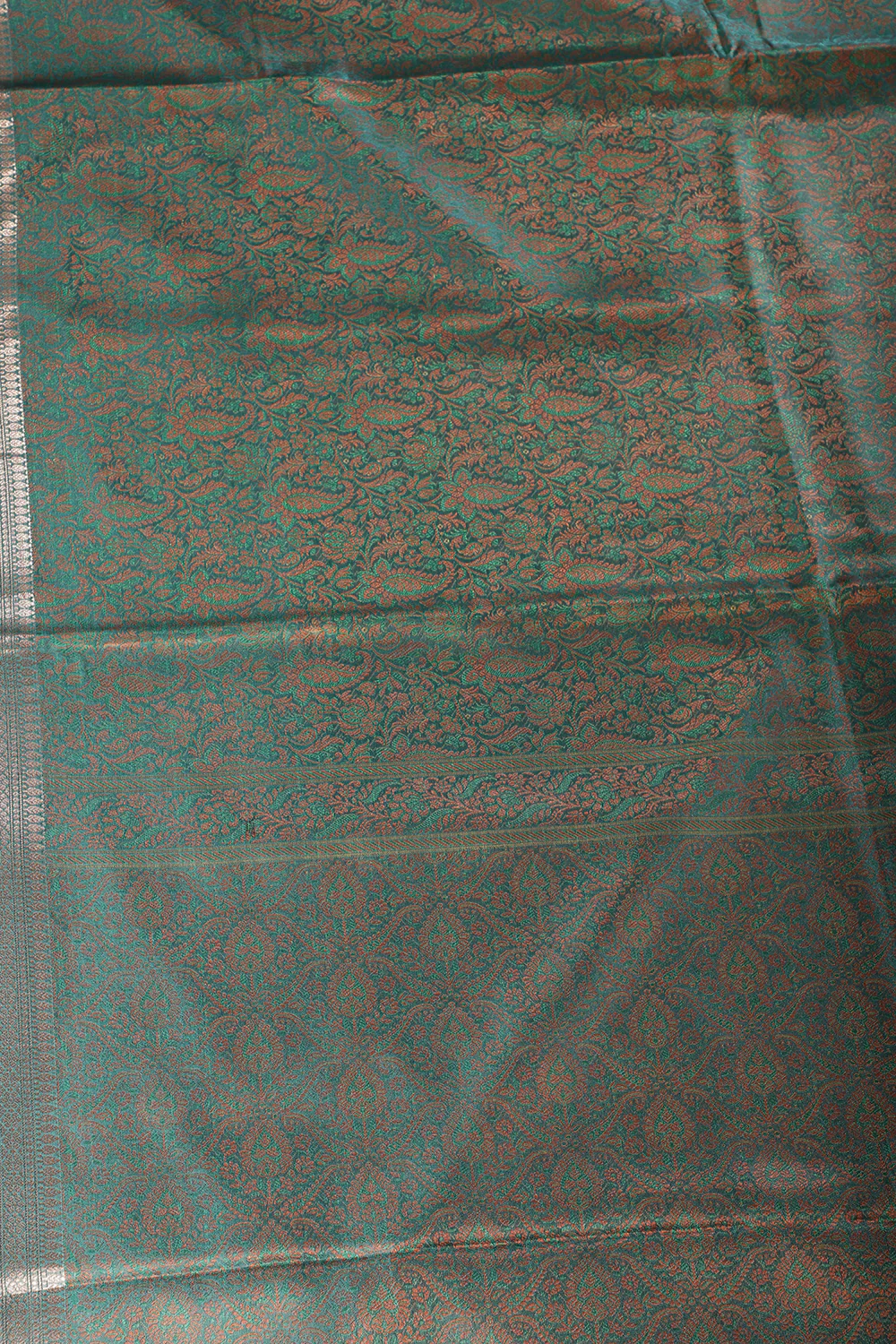 Teal Green Silk Floral and Paisley Resham & Zari Woven Saree - Image 2