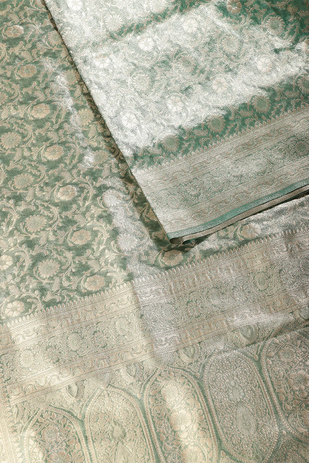 Teal Green Tissue Silk Banarasi Woven Saree - Image 3