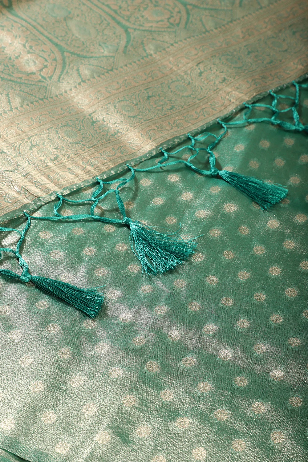 Teal Green Tissue Silk Banarasi Woven Saree - Image 4