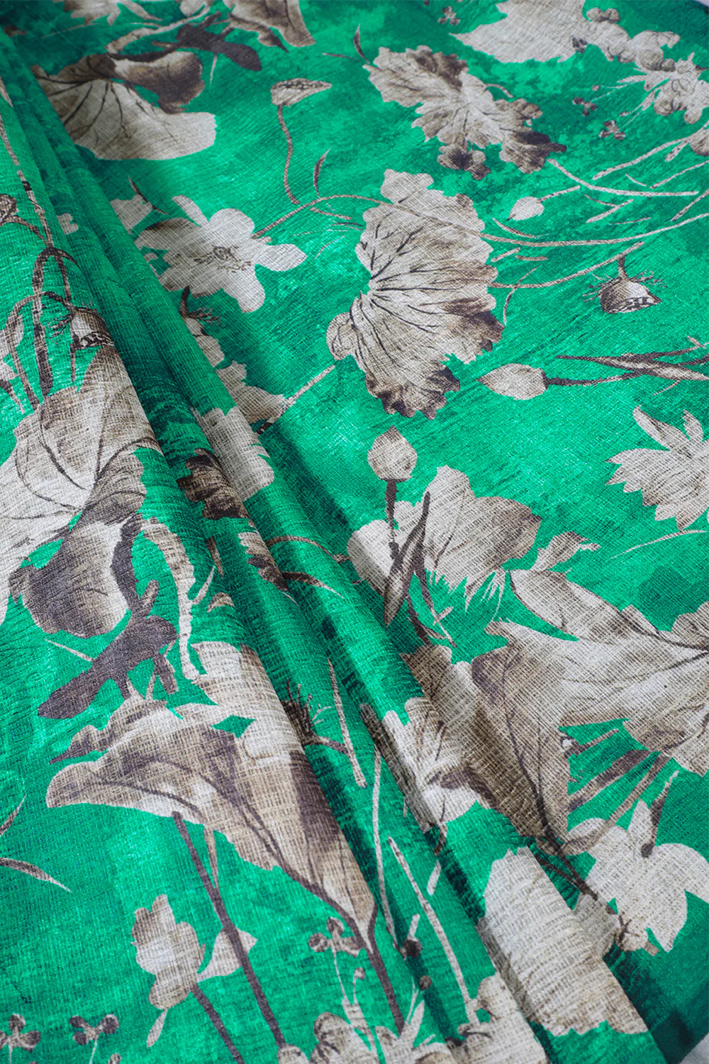 Teal Green Tussar Silk Floral Printed Saree - Image 4
