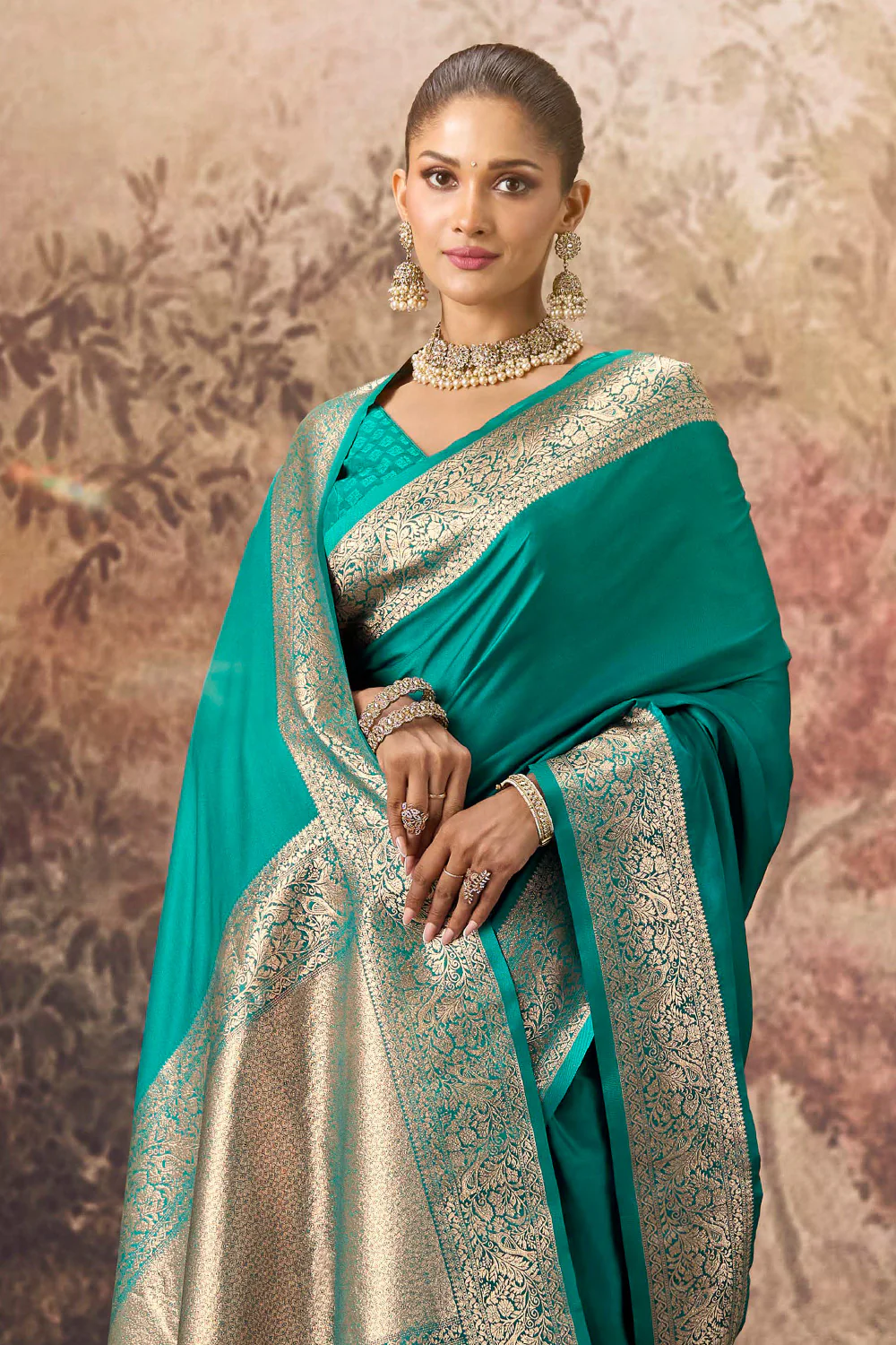Teal Satin Mulberry Woven Saree - Image 2