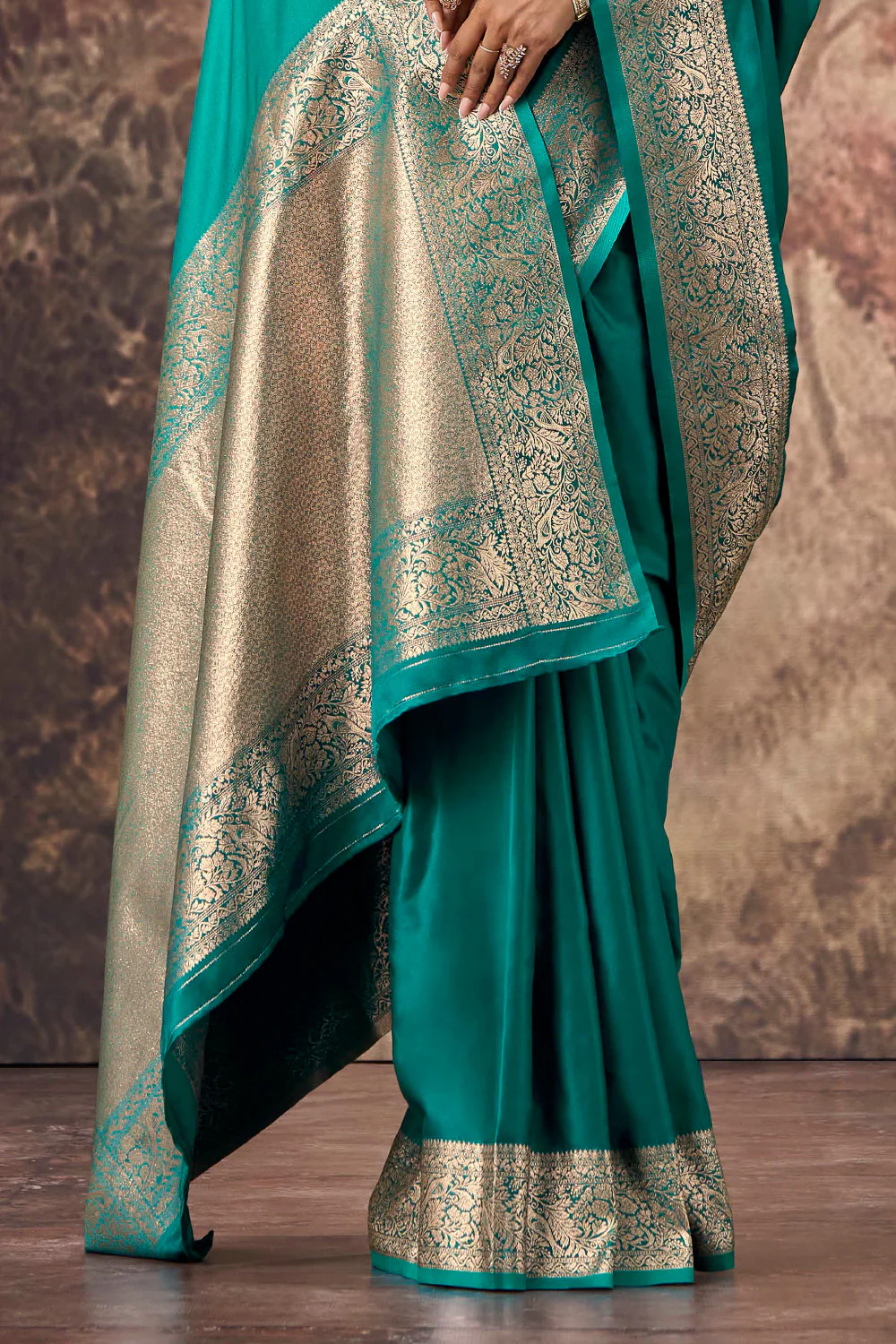Teal Satin Mulberry Woven Saree - Image 3