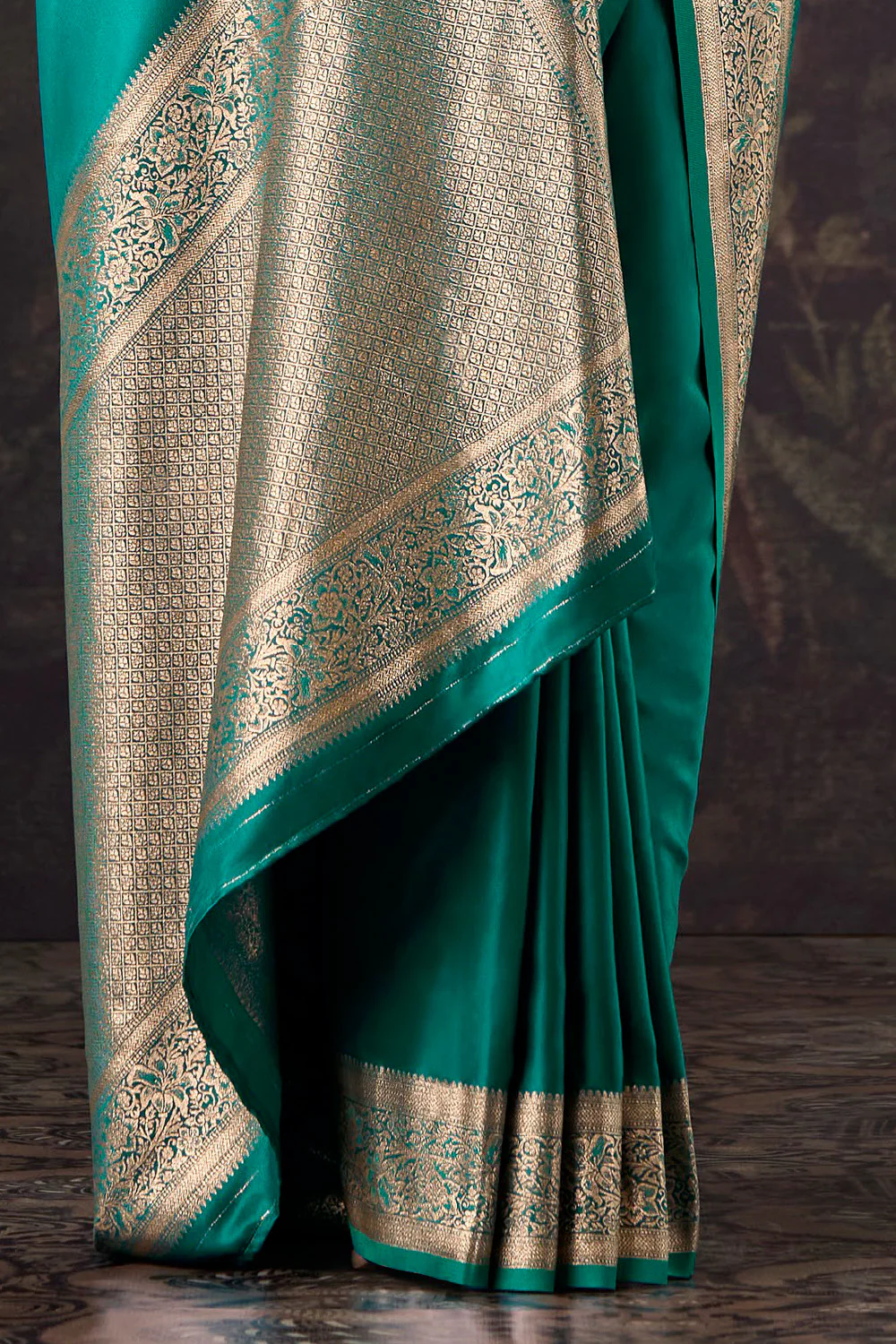 Teal Satin Silk Woven Saree - Image 3