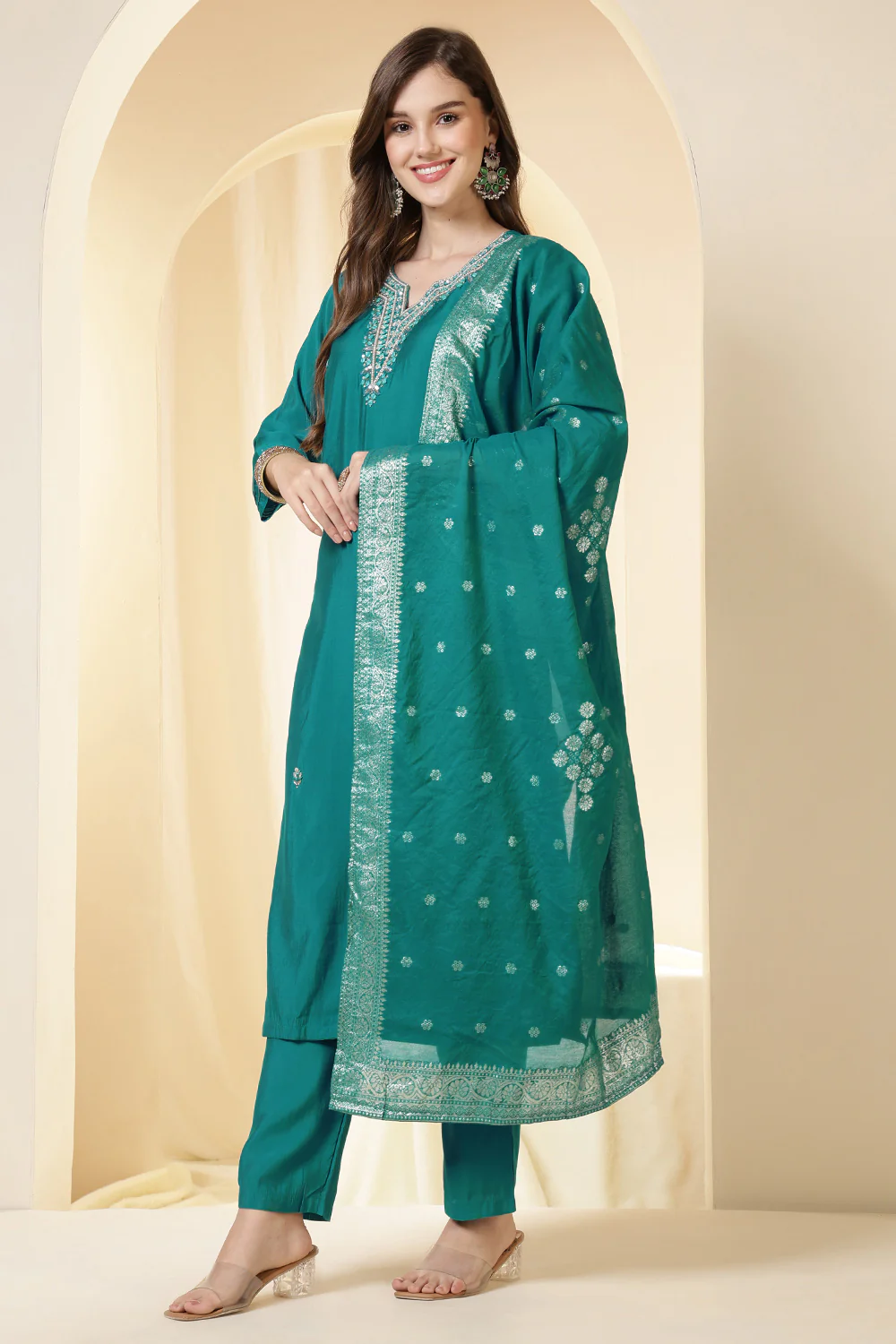 Teal Silk Embroidered Suit Set - Image 2