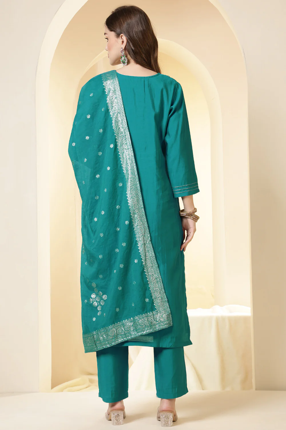 Teal Silk Embroidered Suit Set - Image 3