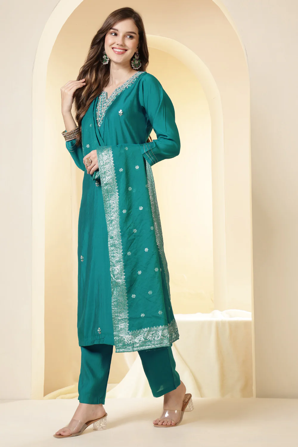Teal Silk Embroidered Suit Set - Image 4